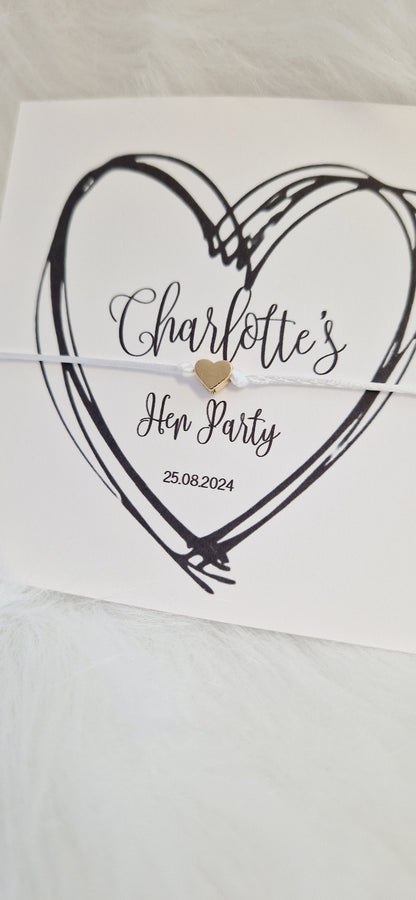 Personalised Wish String - Black Heart, Hen Do, Tea Bride, Bride to Be Hen Party Wish Bracelet: Silver Heart Charm