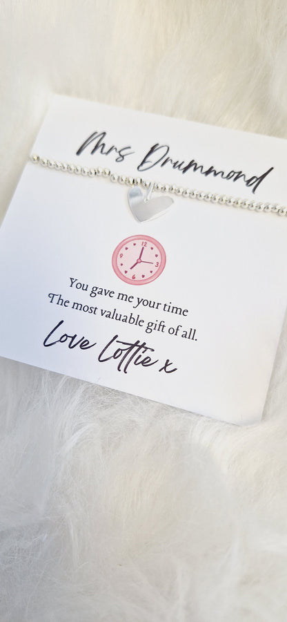 Thank You Gift Teacher Personalised I Nursery | TA | Childminder | Silver Beaded Charm Bracelet | Gifts For Teachers | Giving me your Time