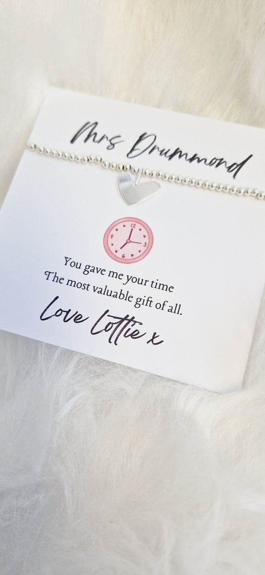 Thank You Gift Teacher Personalised I Nursery | TA | Childminder | Silver Beaded Charm Bracelet | Gifts For Teachers | Giving me your Time