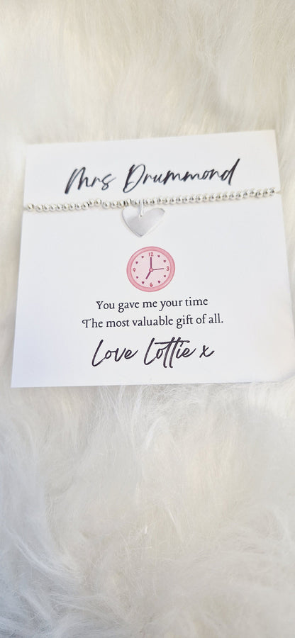 Thank You Gift Teacher Personalised I Nursery | TA | Childminder | Silver Beaded Charm Bracelet | Gifts For Teachers | Giving me your Time