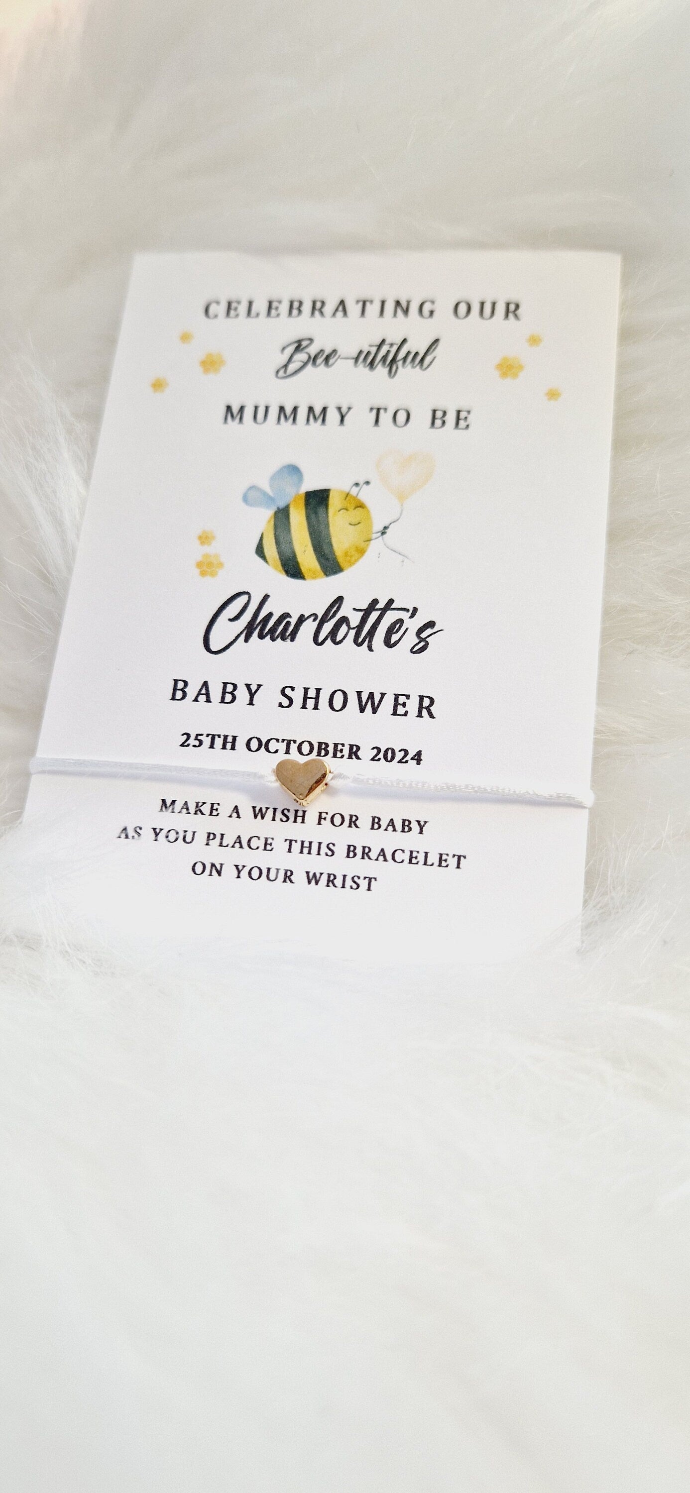 Personalised Baby Shower Wish Bracelet: Bee Design, Mummy To Be, Gender Neutral - Bumble Bee