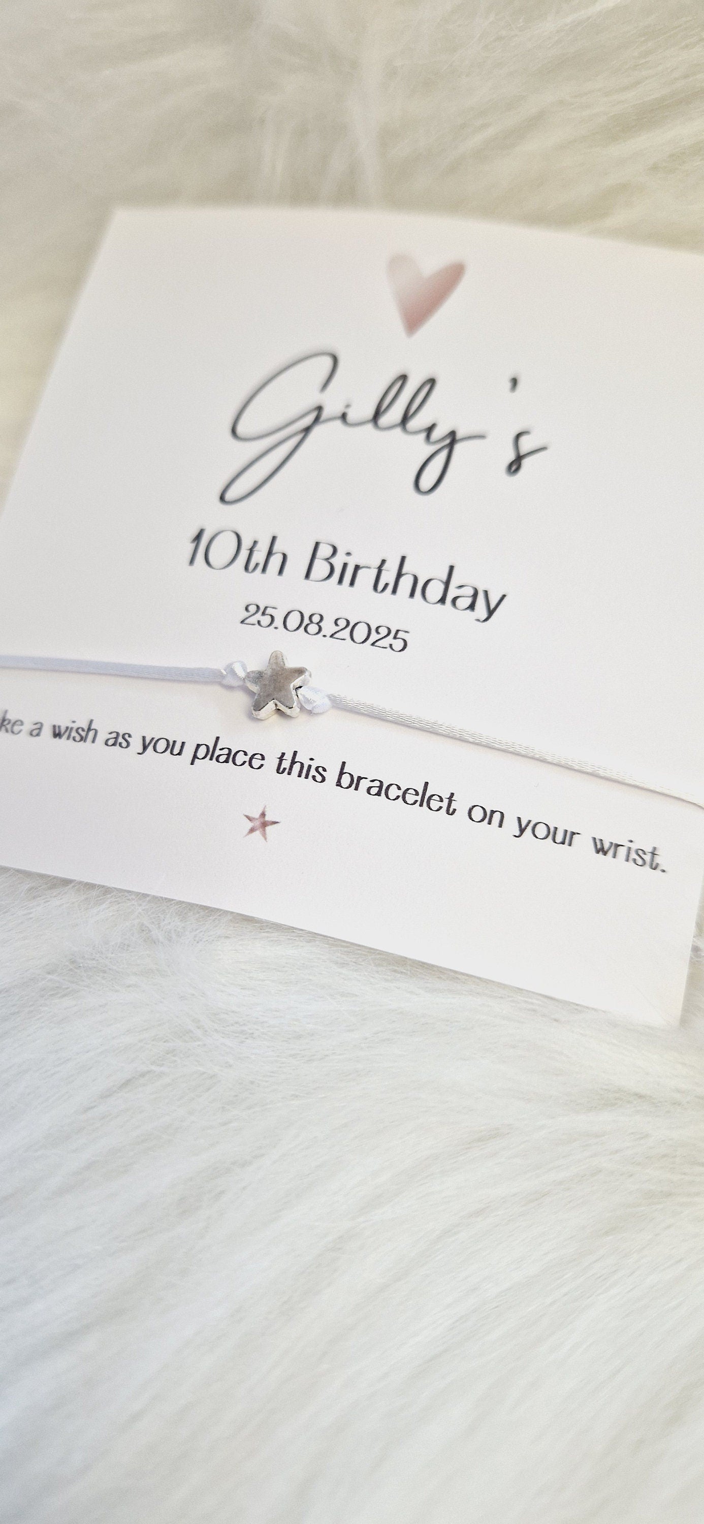 Rose Gold Heart Design Birthday Personalised - Wish String Charm Bracelet - Party bag filler -  Any age - Party RE4