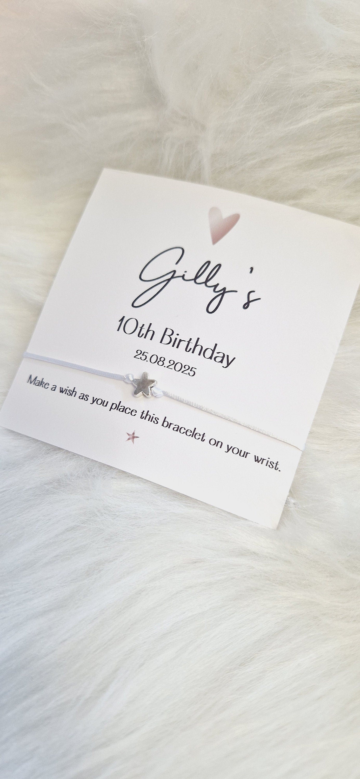 Rose Gold Heart Design Birthday Personalised - Wish String Charm Bracelet - Party bag filler -  Any age - Party RE4