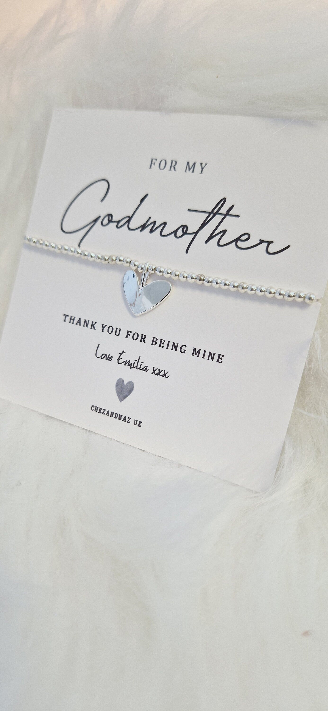 Godmother, Fairy Godmother, Guideparent, Silver Plated Charm Bracelet: Heart Charm, for my GodParent, Personalised card