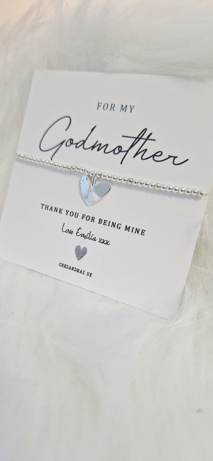 Godmother, Fairy Godmother, Guideparent, Silver Plated Charm Bracelet: Heart Charm, for my GodParent, Personalised card