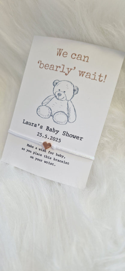 Teddy Bear Baby Shower Wish Bracelet Favour | Personalised Baby Shower Keepsake | Gender Neutral Party Gift for Guests