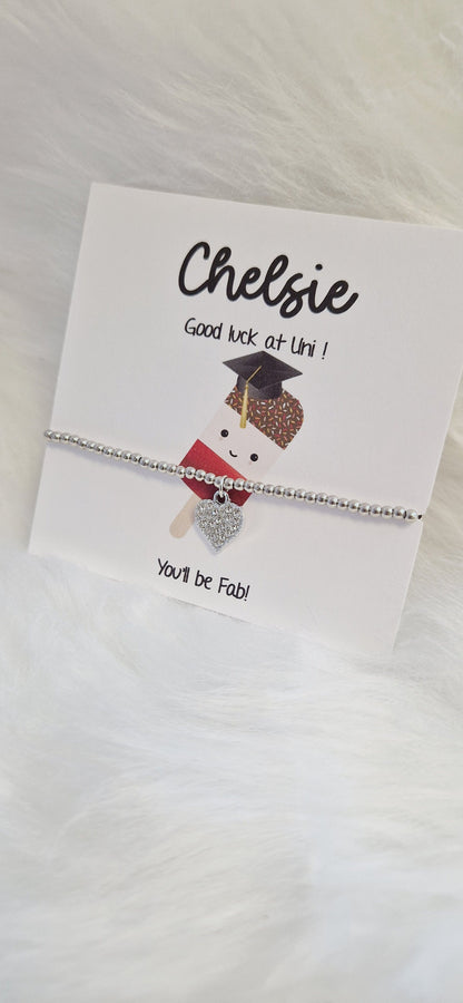 Good Luck University Gift Personalied Silver Bead Bracelet, you'll be fab!