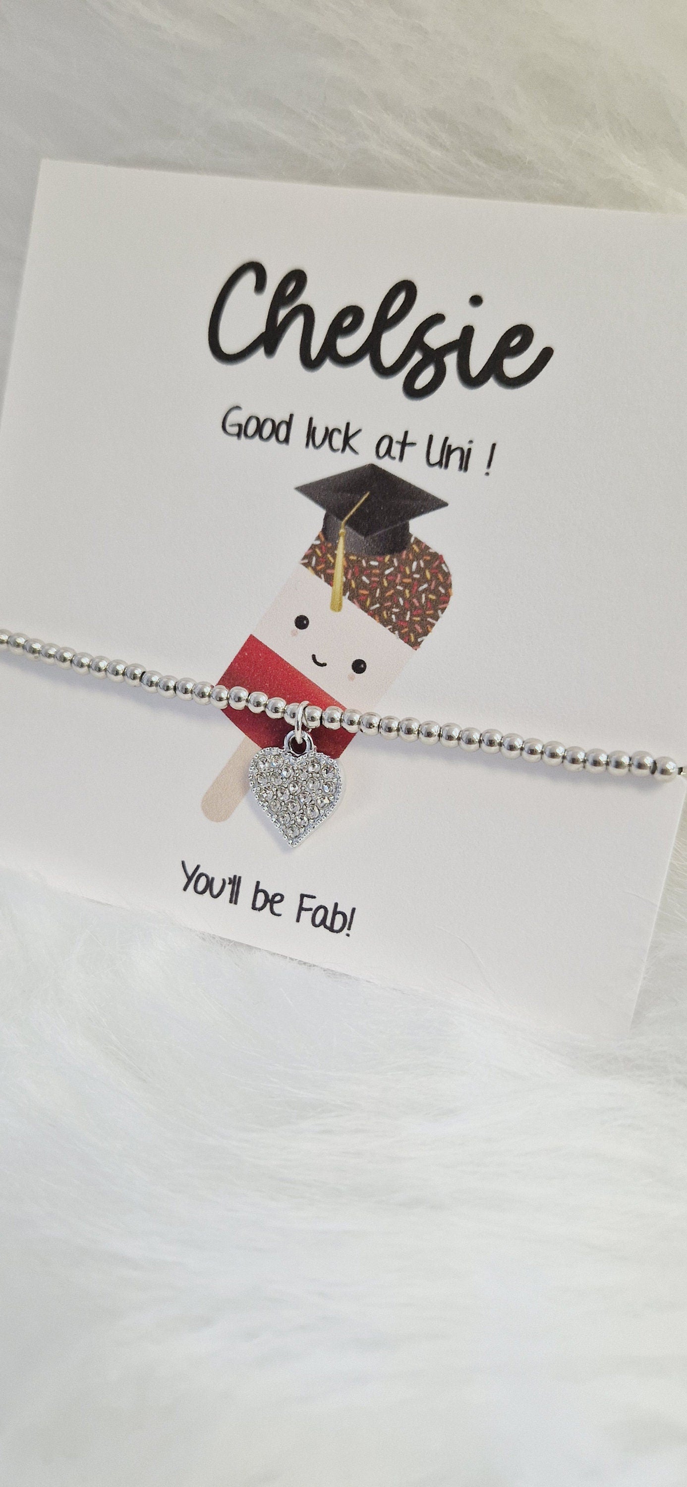 Good Luck University Gift Personalied Silver Bead Bracelet, you'll be fab!