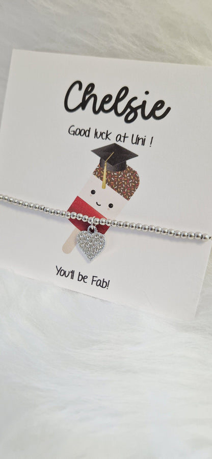 Good Luck University Gift Personalied Silver Bead Bracelet, you'll be fab!