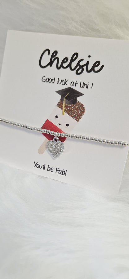 Good Luck University Gift Personalied Silver Bead Bracelet, you'll be fab!