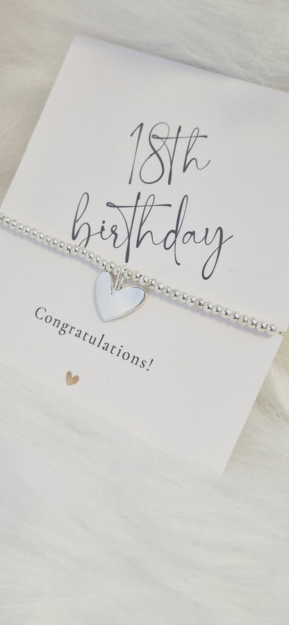 18th, 18, Eighteen Birthday Silver Plated Bracelet: Heart Charm, Keepsake Gift