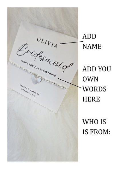 Personalised Bridesmaid - Maid of Honour I Silver plated Ball Stretch Bracelet – Dainty Silver - Charm Bracelet & Silver Heart Charm -56B