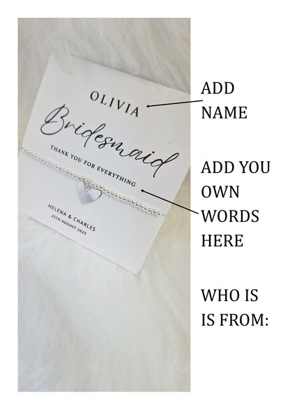 Personalised Bridesmaid - Maid of Honour I Silver plated Ball Stretch Bracelet – Dainty Silver - Charm Bracelet & Silver Heart Charm -56B