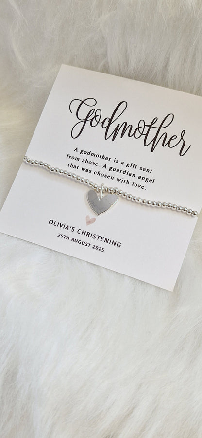 Personalised GodmotherI Christening I Baptism Gift I Silver plated Ball Stretch Bracelet I Dainty Silver - Charm Bracelet Charm -56B