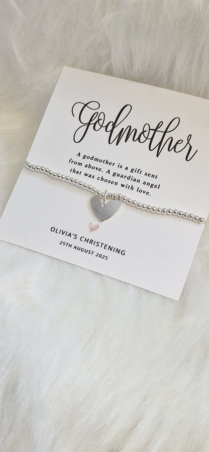 Personalised GodmotherI Christening I Baptism Gift I Silver plated Ball Stretch Bracelet I Dainty Silver - Charm Bracelet Charm -56B