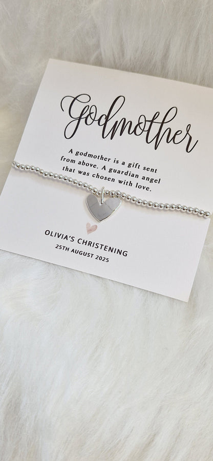 Personalised GodmotherI Christening I Baptism Gift I Silver plated Ball Stretch Bracelet I Dainty Silver - Charm Bracelet Charm -56B