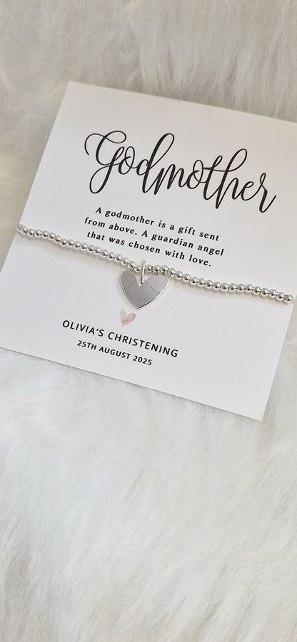 Personalised GodmotherI Christening I Baptism Gift I Silver plated Ball Stretch Bracelet I Dainty Silver - Charm Bracelet Charm -56B