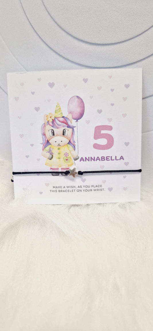 Pack of 5 Unicorn Design Birthday - wish string charm bracelet - Party bag filler - Personalised