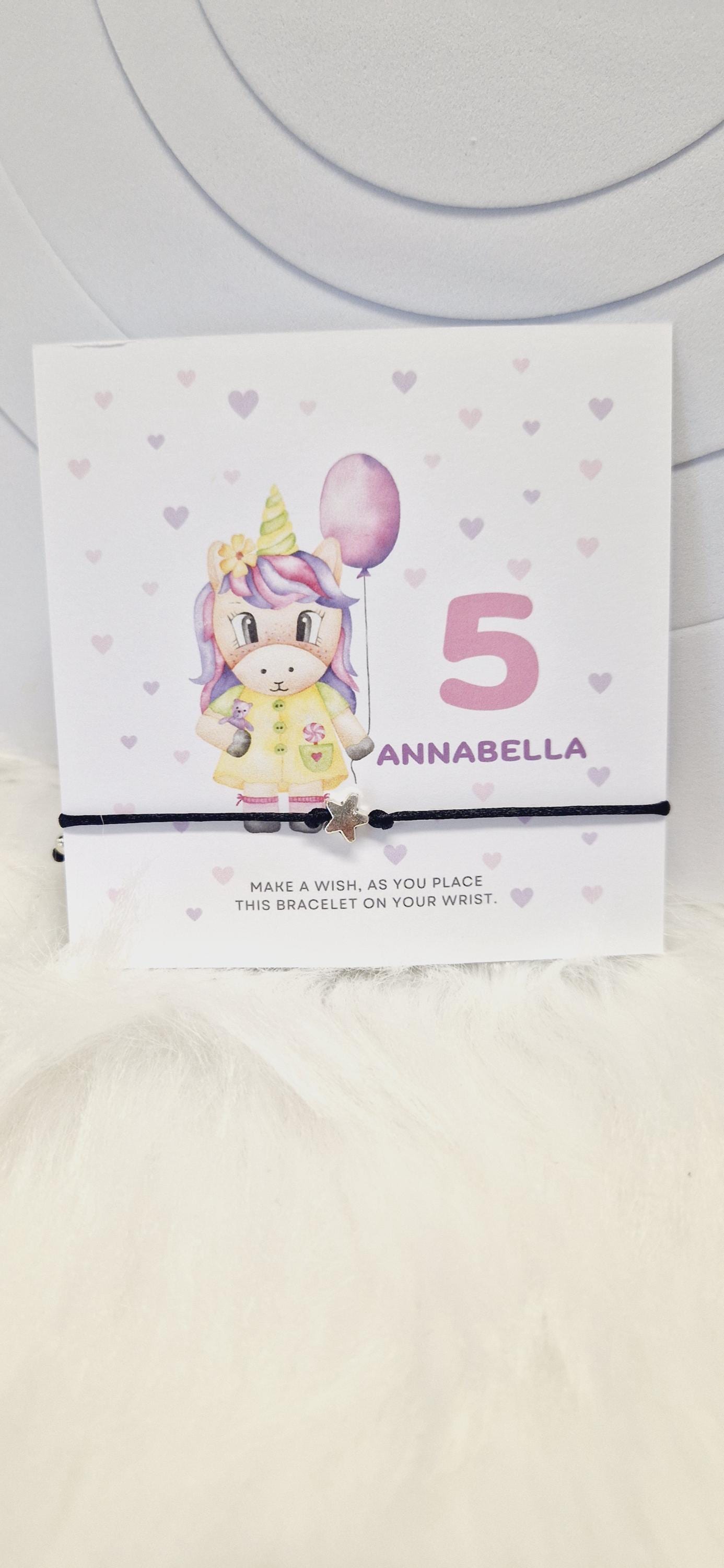 Pack of 5 Unicorn Design Birthday - wish string charm bracelet - Party bag filler - Personalised