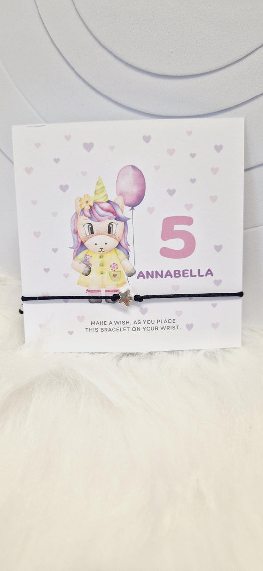 Pack of 5 Unicorn Design Birthday - wish string charm bracelet - Party bag filler - Personalised