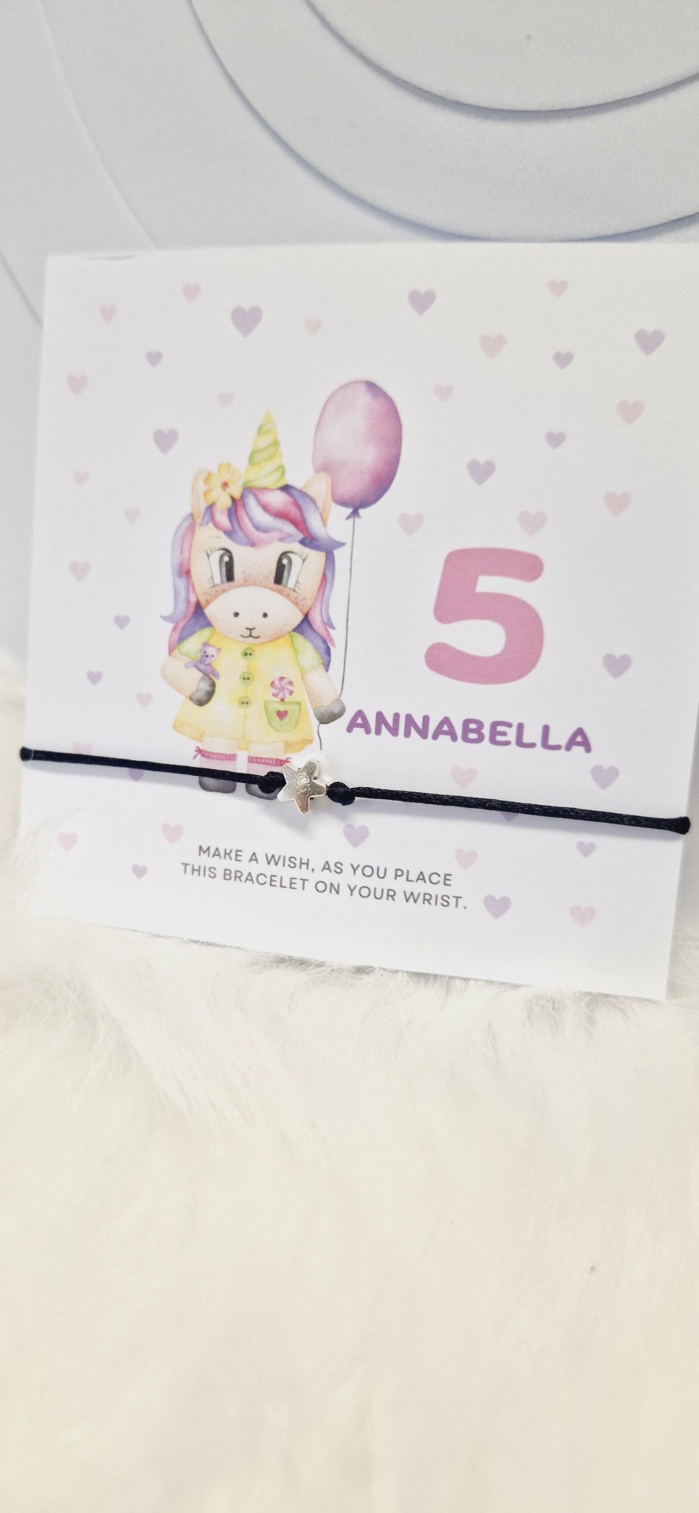 Pack of 5 Unicorn Design Birthday - wish string charm bracelet - Party bag filler - Personalised