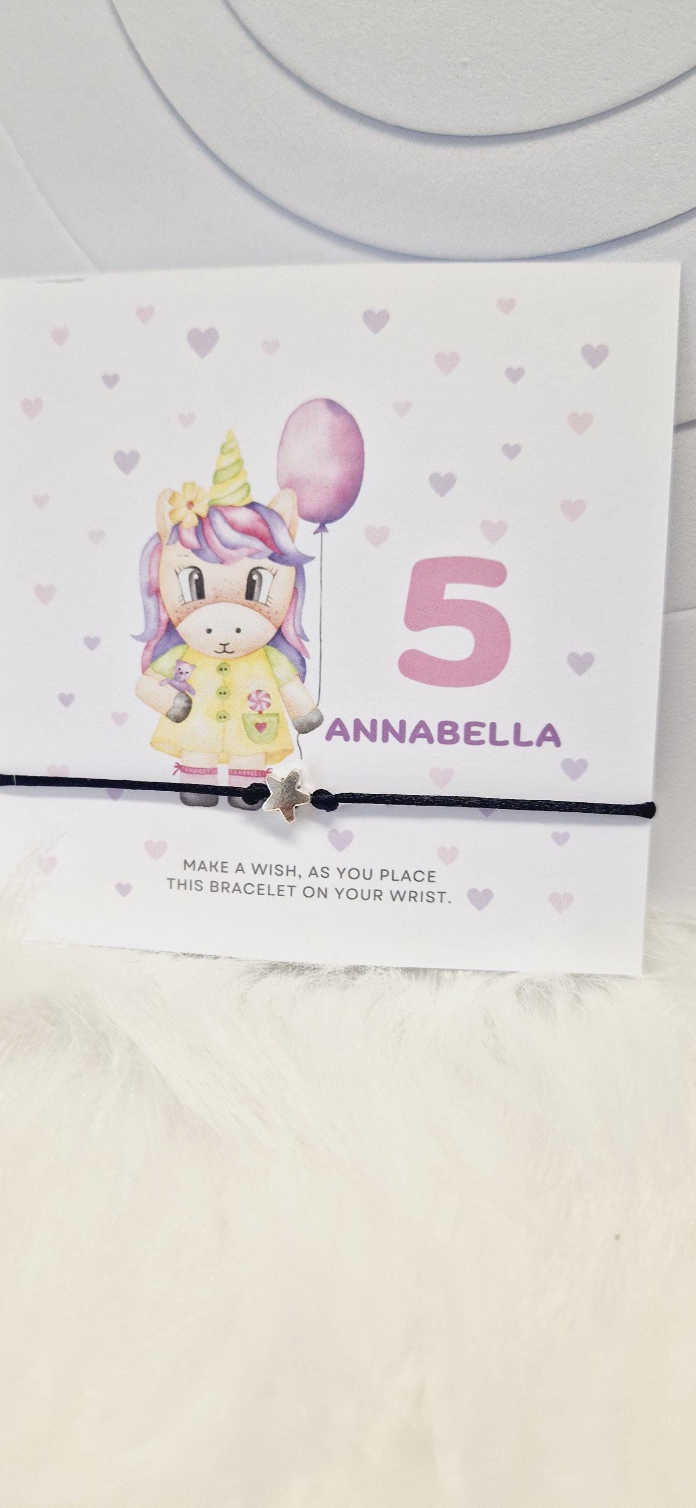 Pack of 5 Unicorn Design Birthday - wish string charm bracelet - Party bag filler - Personalised