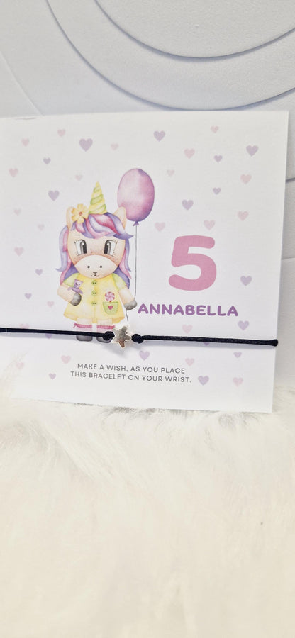 Pack of 5 Unicorn Design Birthday - wish string charm bracelet - Party bag filler - Personalised