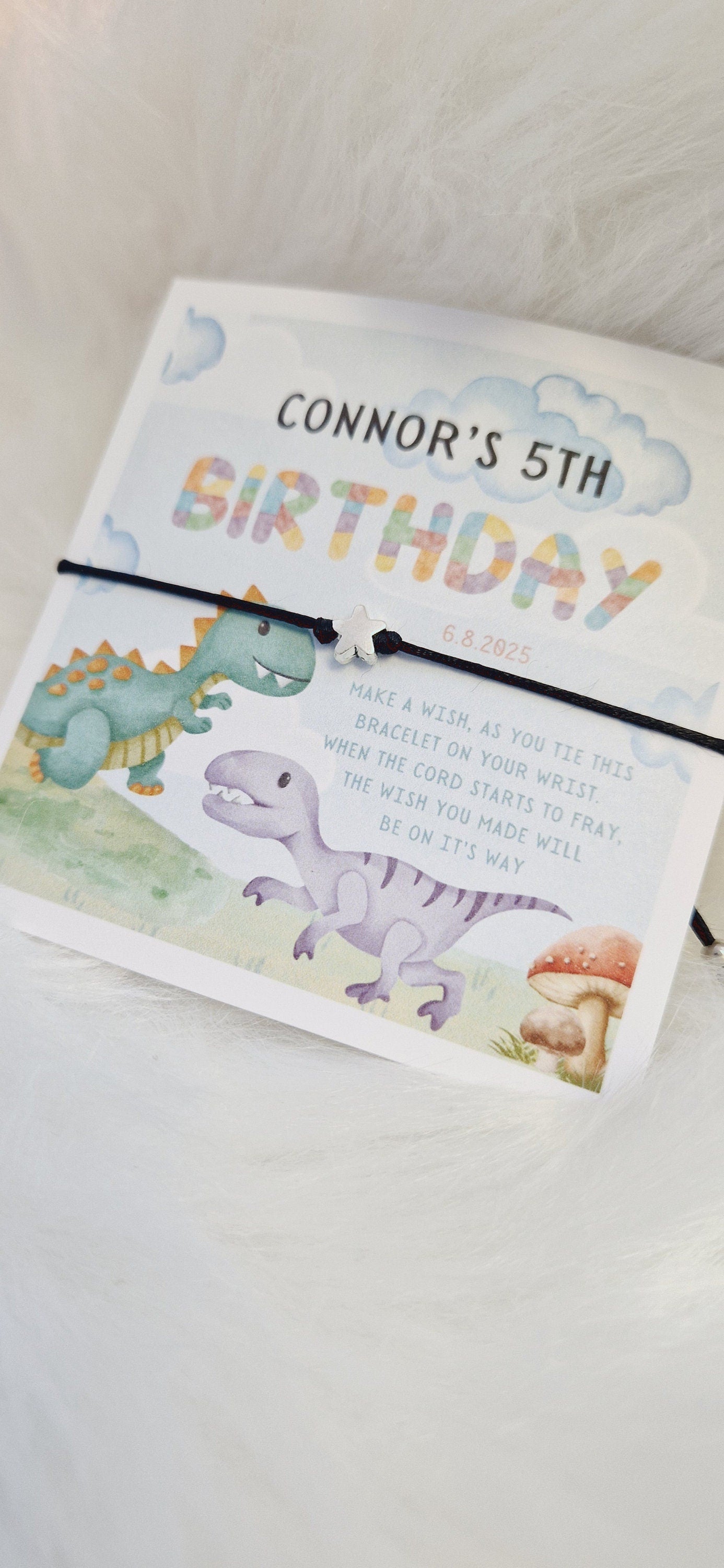 Dinosaur Design Birthday I Wish String Charm Bracelet I Party bag filler I Personalised I Any age I Boy or Girl I Star I Party
