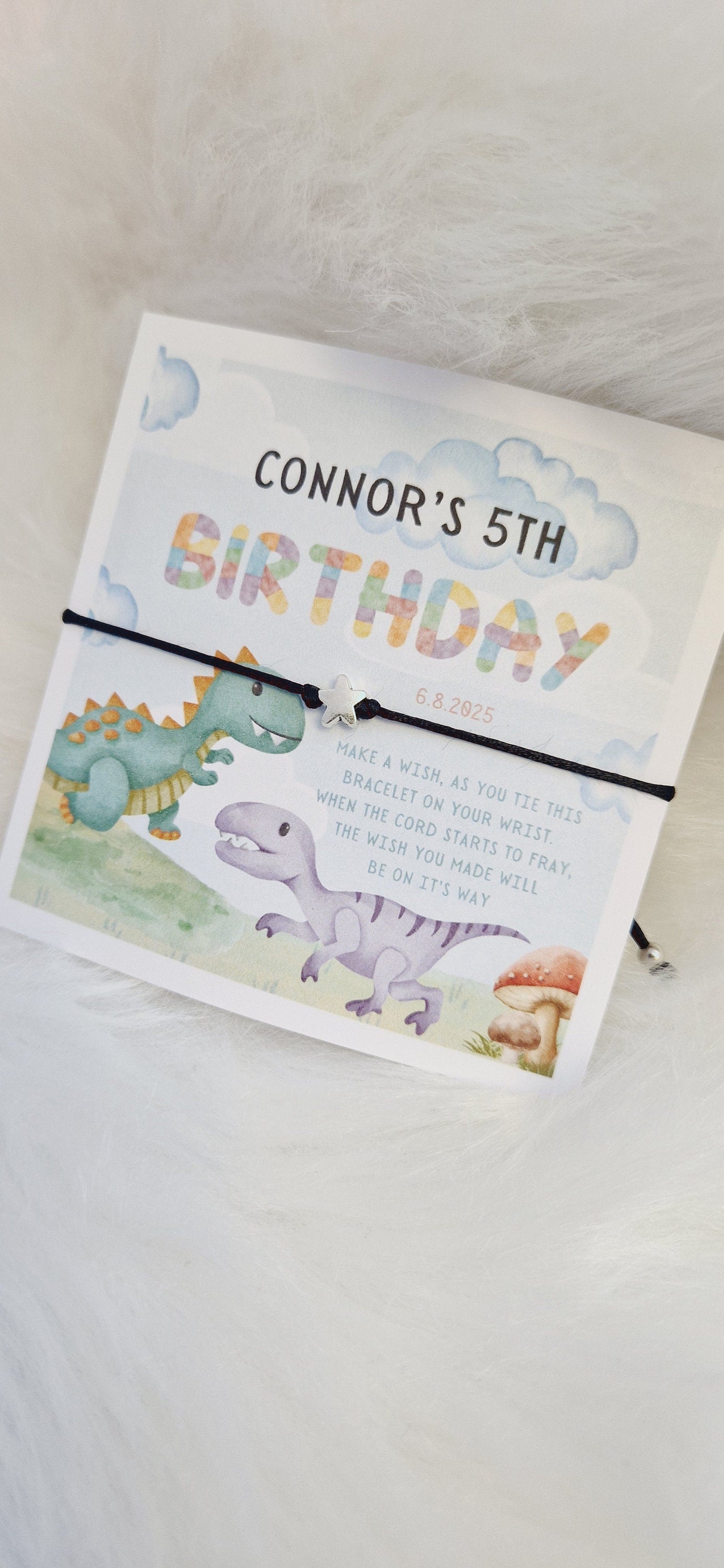 Dinosaur Design Birthday I Wish String Charm Bracelet I Party bag filler I Personalised I Any age I Boy or Girl I Star I Party