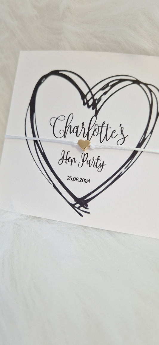 Personalised Wish String - Black Heart, Hen Do, Tea Bride, Bride to Be Hen Party Wish Bracelet: Silver Heart Charm