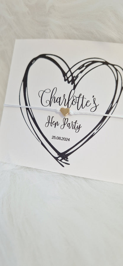 Personalised Wish String - Black Heart, Hen Do, Tea Bride, Bride to Be Hen Party Wish Bracelet: Silver Heart Charm