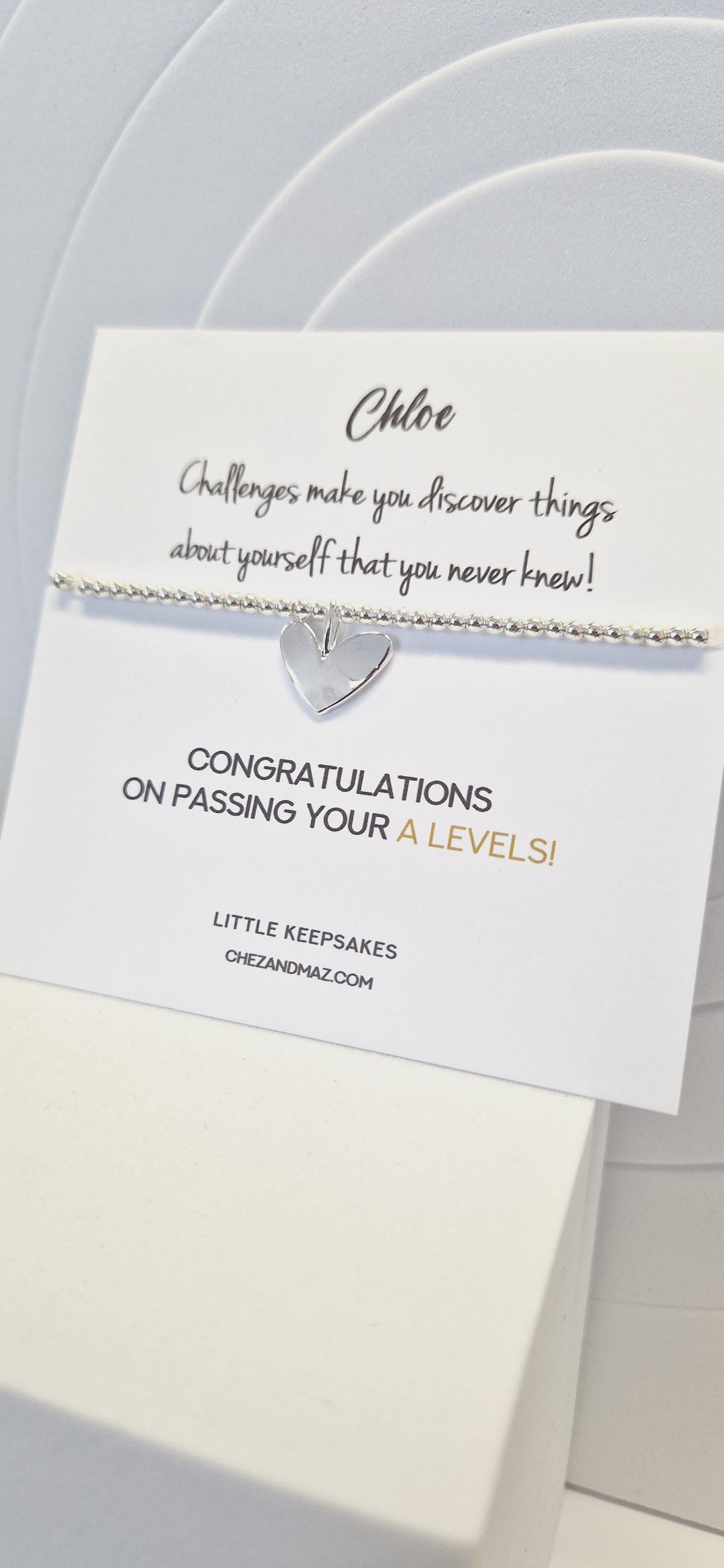 Exams, GCSE, Degree, BTEC, Personalised A-Levels Congratulations Silver Plated Heart Charm Bracelet