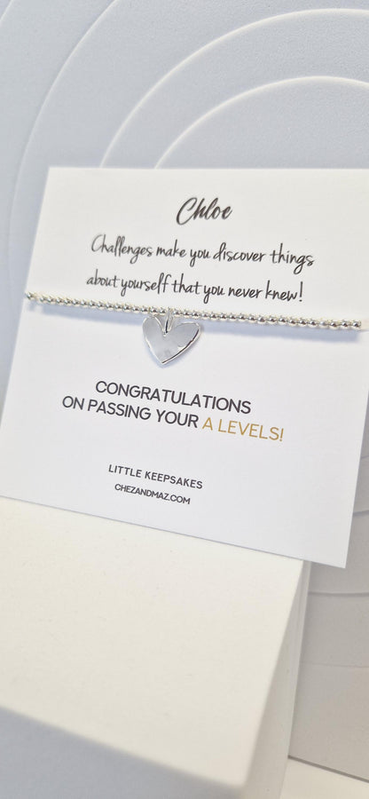 Exams, GCSE, Degree, BTEC, Personalised A-Levels Congratulations Silver Plated Heart Charm Bracelet