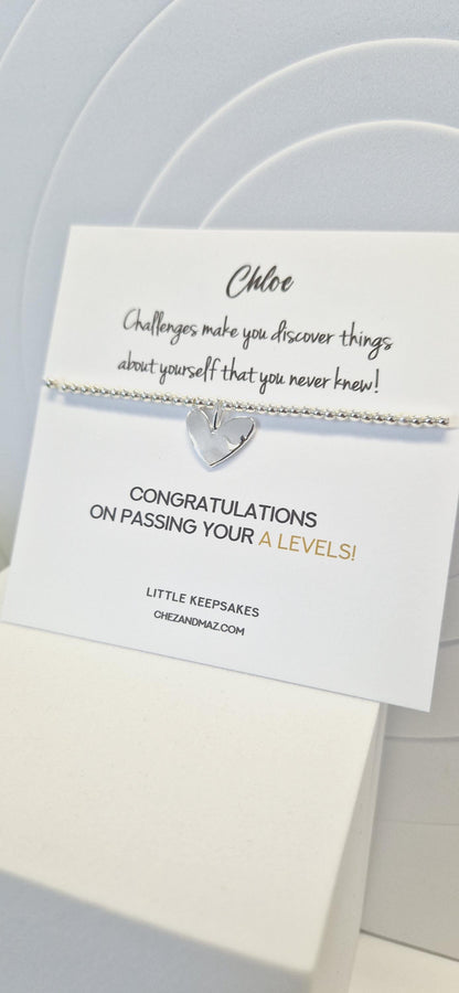Exams, GCSE, Degree, BTEC, Personalised A-Levels Congratulations Silver Plated Heart Charm Bracelet
