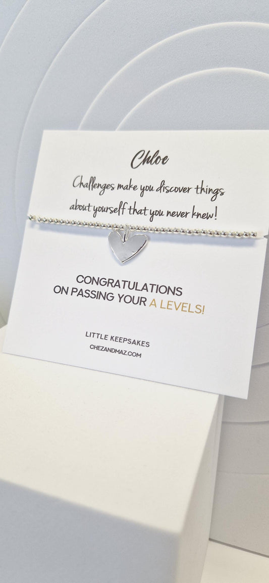 Exams, GCSE, Degree, BTEC, Personalised A-Levels Congratulations Silver Plated Heart Charm Bracelet
