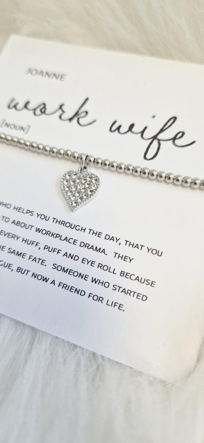 Personalised Work Wife Bracelet: Silver Plated Rhinestone Heart Charm