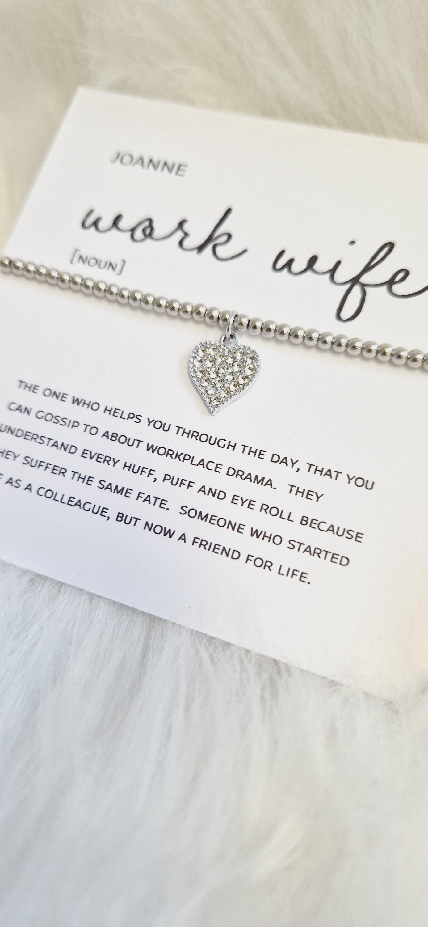 Personalised Work Wife Bracelet: Silver Plated Rhinestone Heart Charm