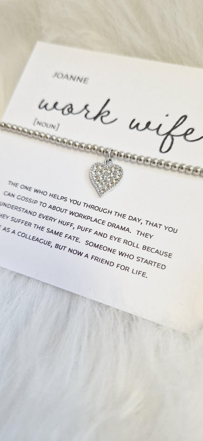 Personalised Work Wife Bracelet: Silver Plated Rhinestone Heart Charm