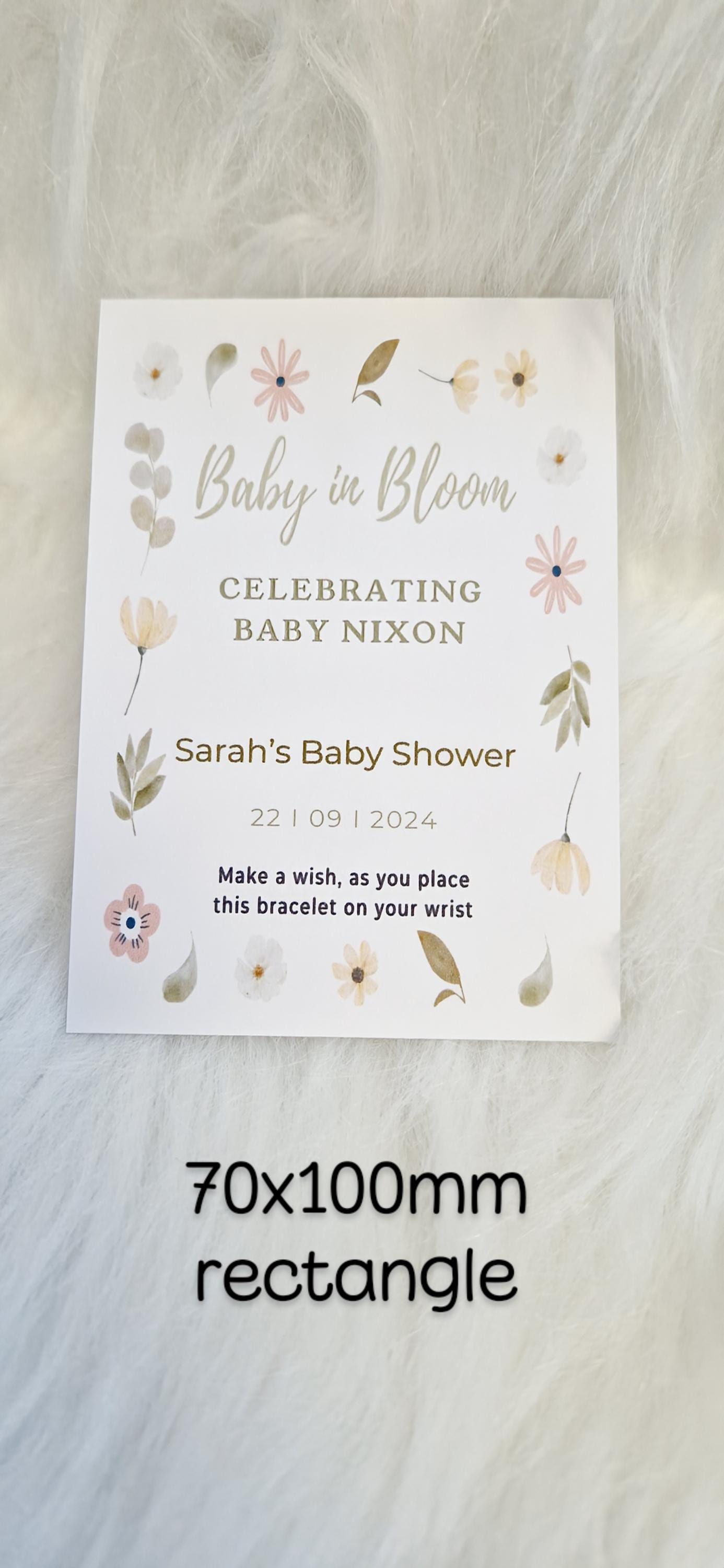Baby Shower Baby in Bloom Charm-flowers - garden, boho, or nature-themed shower. Personalised Wish Bracelet
