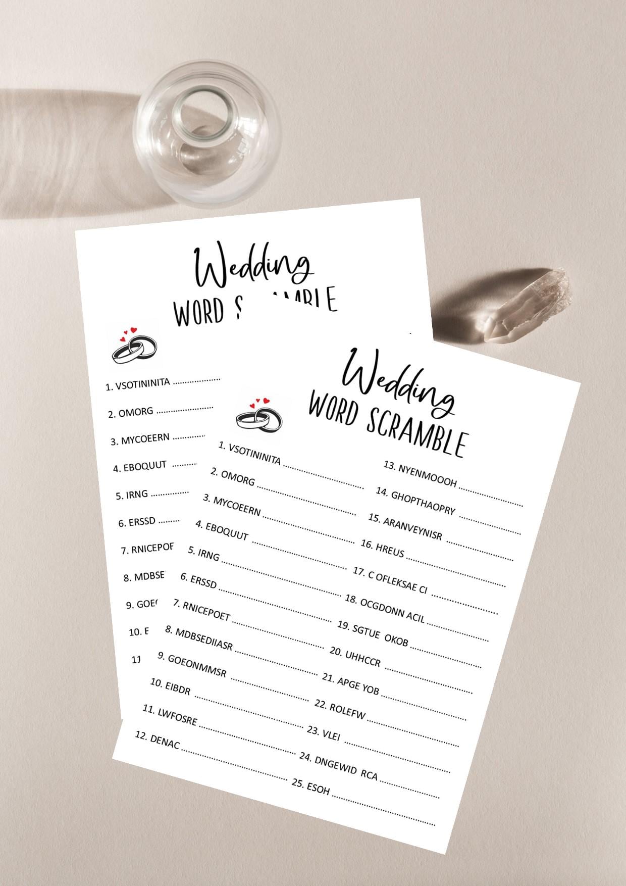 Wedding Themed Word Scramble (Digital Download) I Wedding Party Game I Table Games I Icebreaker I Printable I Minimalist I  Fun I  Unique