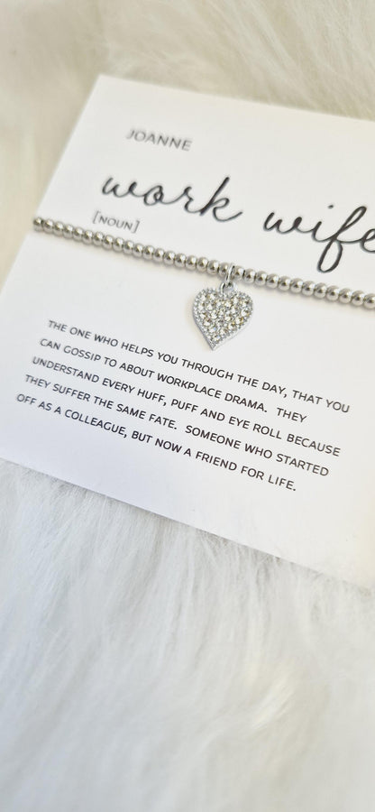 Personalised Work Wife Bracelet: Silver Plated Rhinestone Heart Charm