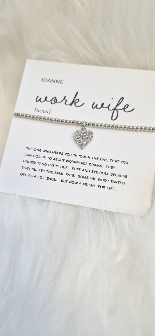 Personalised Work Wife Bracelet: Silver Plated Rhinestone Heart Charm