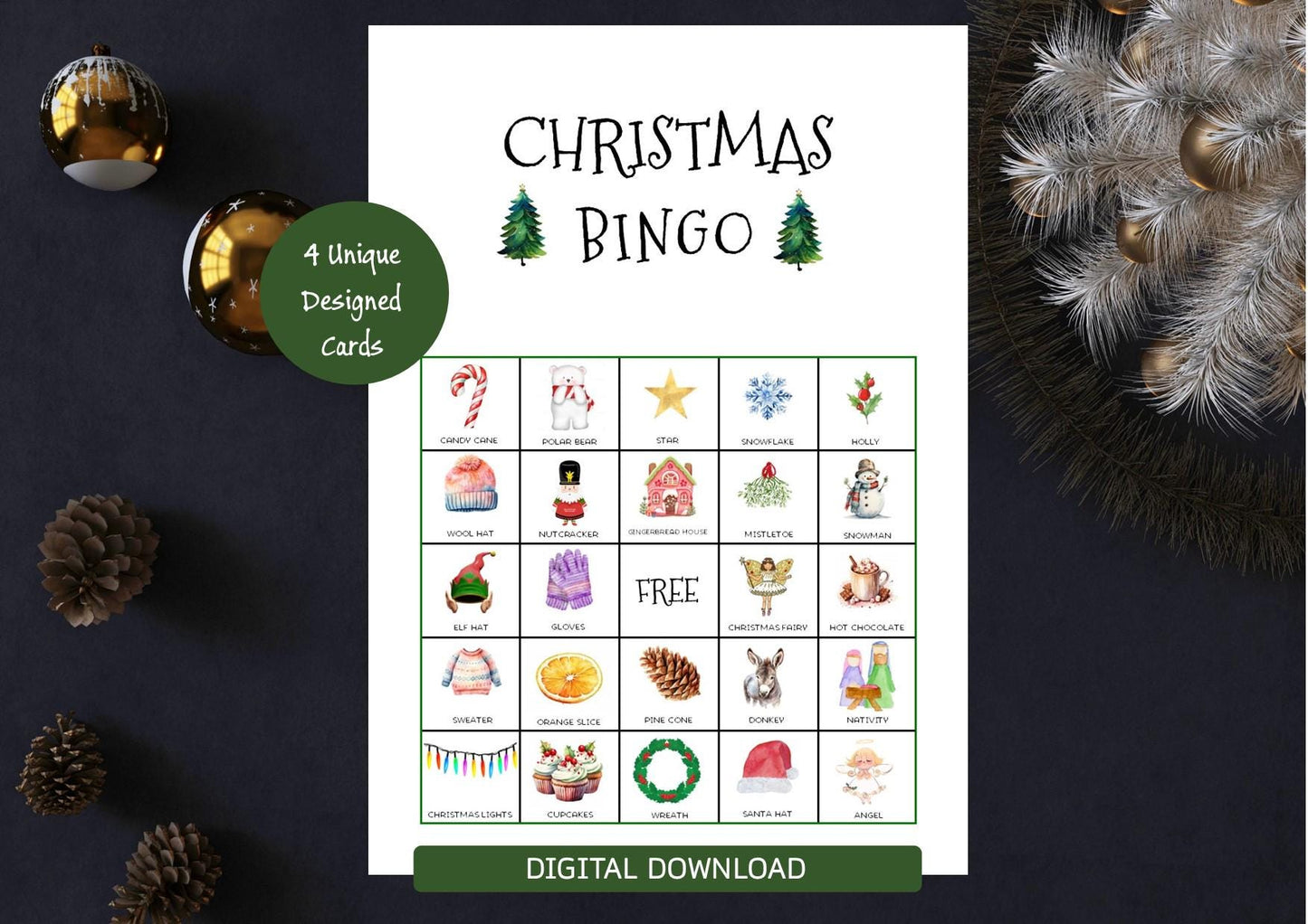 Christmas Bingo Picture Cards I Digital Download I  Printable Christmas Bingo Game for Kids & Adults, Holiday, Work Christmas Party I A4