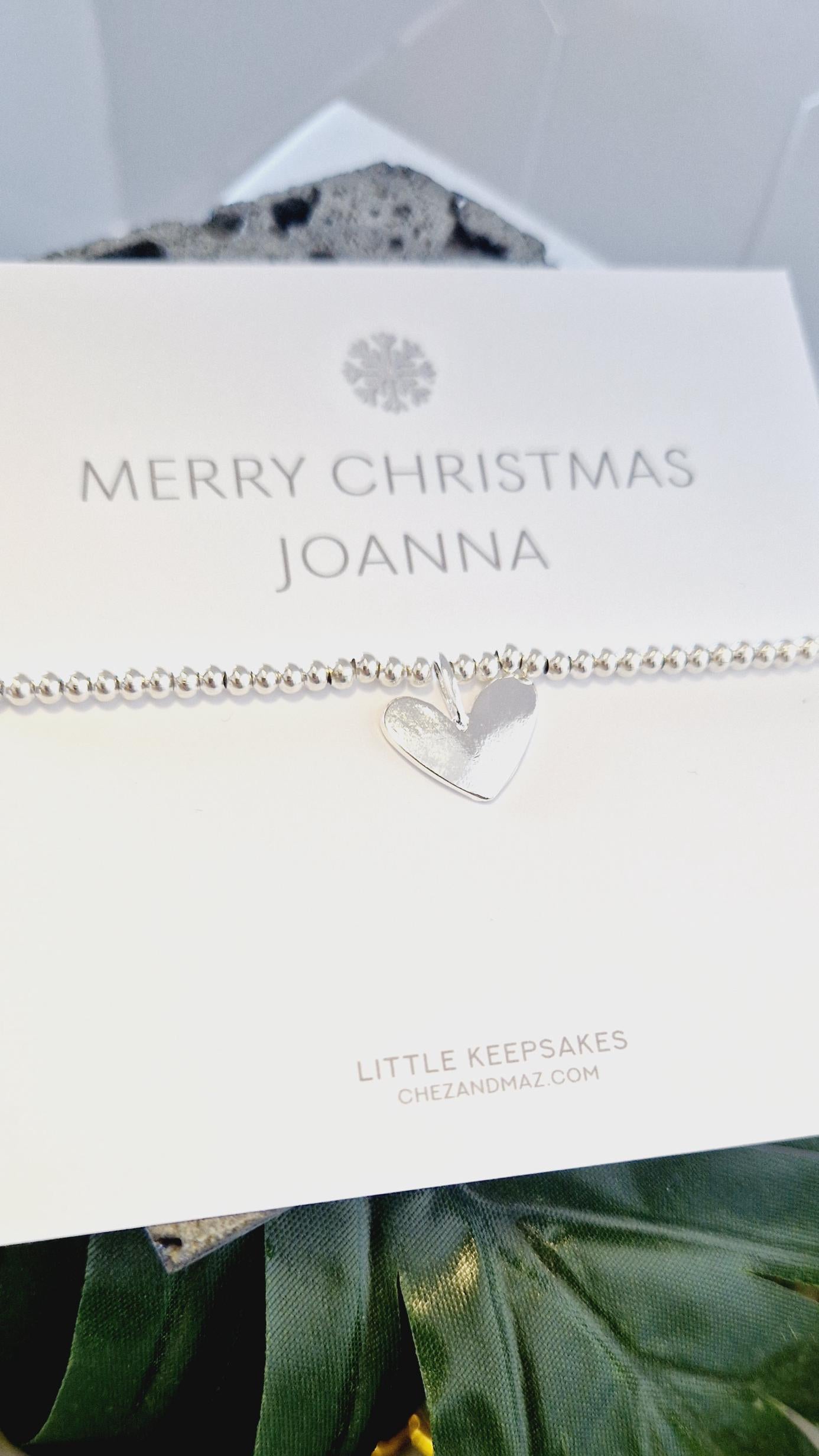 Personalised Snow Flake Design - Silver Plated Christmas Bracelet: Heart Charm, Festive Jewellery - friend, colleague, secret Santa