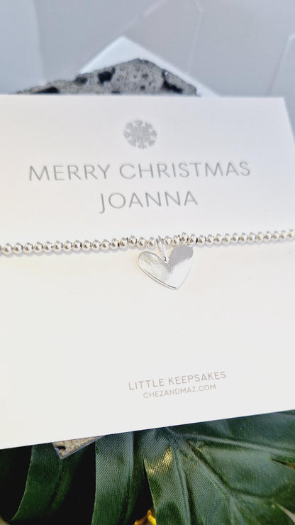 Personalised Snow Flake Design - Silver Plated Christmas Bracelet: Heart Charm, Festive Jewellery - friend, colleague, secret Santa