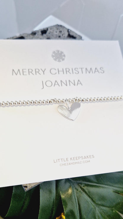 Personalised Snow Flake Design - Silver Plated Christmas Bracelet: Heart Charm, Festive Jewellery - friend, colleague, secret Santa