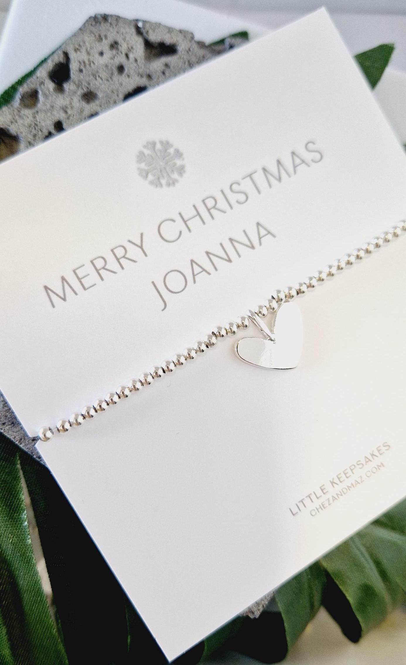 Personalised Snow Flake Design - Silver Plated Christmas Bracelet: Heart Charm, Festive Jewellery - friend, colleague, secret Santa