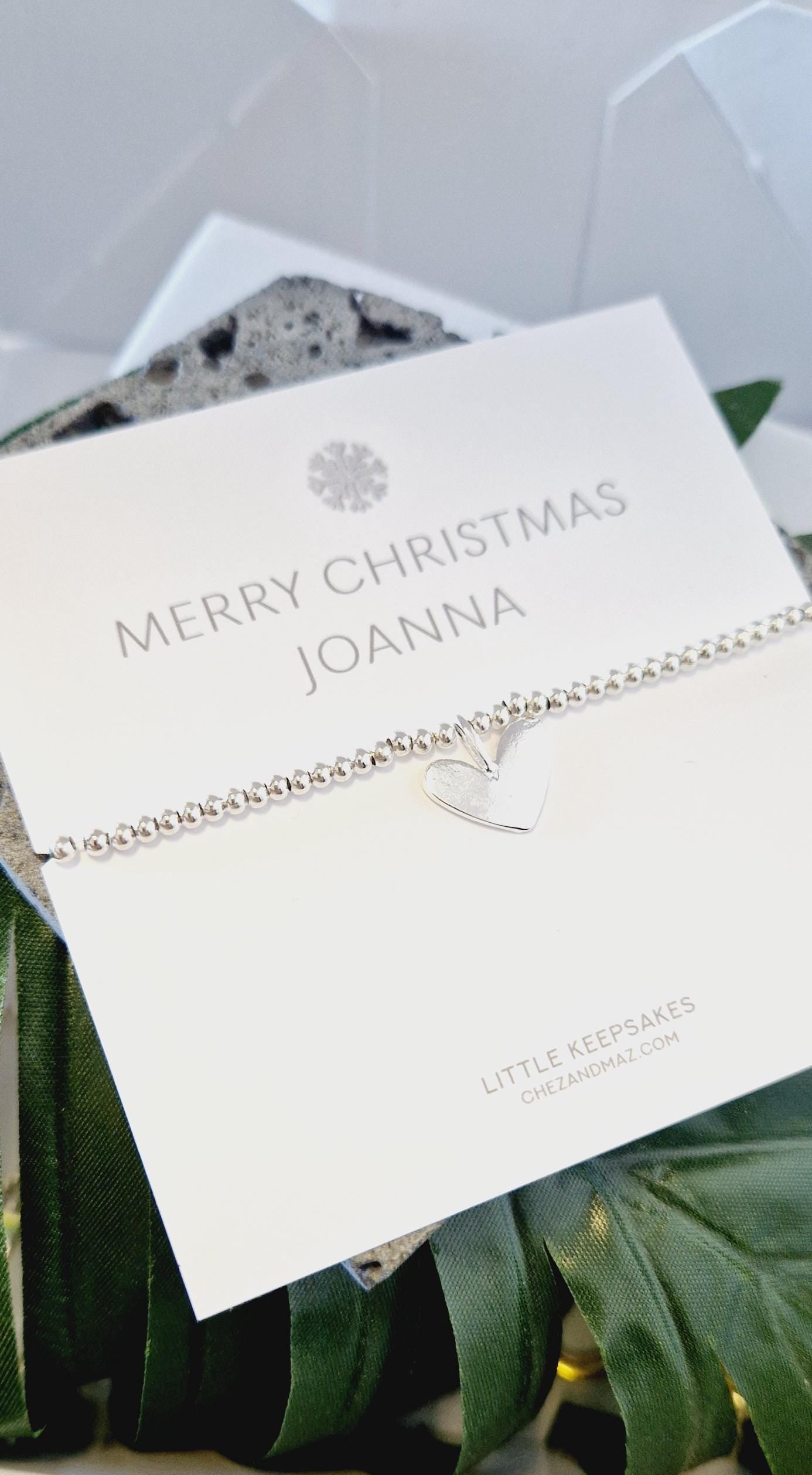 Personalised Snow Flake Design - Silver Plated Christmas Bracelet: Heart Charm, Festive Jewellery - friend, colleague, secret Santa