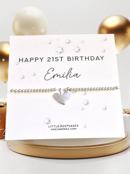 Personalised 21st Birthday Charm Bracelet: Silver Heart Keepsake, 21, twenty one, 21st gift