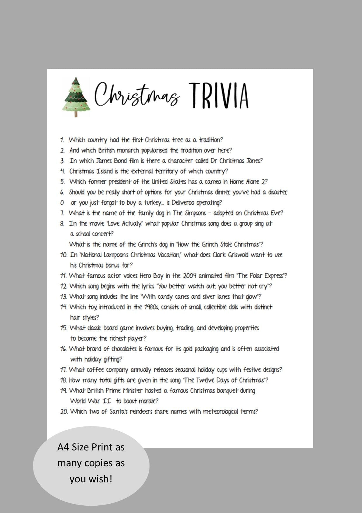 Christmas Trivia Game I table Game I Party Game I Digital Download I Christmas Party Games, Christmas Day GamesI Printable I 20 Q&A